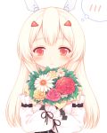  1girl ayanami_(azur_lane) azur_lane bangs bare_shoulders blonde_hair blush bouquet closed_mouth detached_sleeves dress eyebrows_visible_through_hair flower hair_ornament hairclip highres long_hair long_sleeves looking_at_viewer object_hug puffy_long_sleeves puffy_sleeves red_eyes red_flower red_rose rose sakurato_ototo_shizuku simple_background solo spoken_blush upper_body white_background white_dress white_flower white_sleeves yellow_flower yellow_rose 