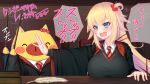  1girl 1other ^_^ akai_haato blonde_hair blue_eyes book breasts cardigan closed_eyes coat d: desk feathers gryffindor haaton_(akai_haato) hair_ornament harry_potter heart heart_hair_ornament hogwarts_school_uniform hololive large_breasts long_sleeves necktie open_mouth pig_nose school_uniform sitting translation_request wand yoshiheihe 