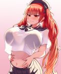  1girl bangs belly_grab blush bra bra_through_clothes breasts collared_shirt copyright_request eyebrows_visible_through_hair gradient gradient_background highres huge_breasts long_hair navel pleated_skirt red_eyes red_hair school_uniform see-through shirt skirt solo sweatdrop underwear ushimittsu white_shirt 