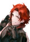  1boy armor black_armor breastplate brown_eyes danhu fire_emblem fire_emblem:_three_houses fur_trim gauntlets grin hand_up looking_at_viewer male_focus pauldrons red_hair short_hair shoulder_armor signature simple_background smile solo sylvain_jose_gautier upper_body white_background 