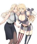  +_+ 2girls ahoge american_flag_legwear arm_around_shoulder bare_shoulders belt black_legwear black_skirt blonde_hair blue_eyes blush breasts chain cleavage collared_shirt dress_shirt elbow_gloves eyebrows_visible_through_hair garter_straps gloves guhanshounen hair_between_eyes hand_on_another&#039;s_shoulder hand_up hornet_(kantai_collection) iowa_(kantai_collection) kantai_collection large_breasts long_hair looking_at_viewer miniskirt mismatched_legwear multiple_girls necktie open_mouth pantyhose shirt shirt_tucked_in simple_background skirt sleeveless smile star_(symbol) symbol-shaped_pupils teeth thighhighs v white_background white_shirt 