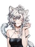  1girl akakeru alternate_costume animal_ears arknights bangs bare_arms bare_shoulders breasts camisole cleavage cliffheart_(arknights) commentary_request grey_eyes hair_between_eyes hair_ornament hairclip highres leopard_ears leopard_tail long_hair looking_at_viewer no_hat no_headwear one_eye_closed silver_hair solo strap_slip tail upper_body 