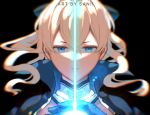  1girl bangs black_background blonde_hair blue_eyes closed_mouth detached_collar genshin_impact glowing glowing_sword glowing_weapon hair_between_eyes hair_ribbon high_collar jean_gunnhildr neekochanii ribbon sidelocks solo weapon 