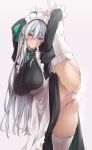  1girl bangs bar_censor blush breasts censored hair_between_eyes highres large_breasts long_hair looking_at_viewer maid maid_headdress no_panties open_mouth original parted_lips purple_eyes pussy pussy_juice red_eyes silver_hair smell solo split standing standing_on_one_leg standing_split sweatdrop tan tanline thighhighs thomasz underwear 