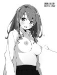  1girl artist_name blush breasts cat_teaser dated eyebrows_visible_through_hair head_tilt large_breasts long_hair looking_at_viewer nipples no_bra open_clothes open_mouth open_shirt original parted_lips pleated_skirt simple_background skirt solo tabata_hisayuki white_background 