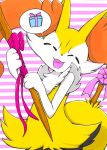  2020 ambiguous_gender big_ears braixen chest_tuft cute_expression eiroru emanata fluffy fluffy_tail front_view fur gift hi_res hip_tuft inner_ear_fluff kneeling long_tail looking_at_viewer multicolored_body multicolored_fur multicolored_tail nintendo open_mouth open_smile pink_tongue pok&eacute;mon pok&eacute;mon_(species) portrait red_eyes ribbons semi-anthro shoulder_tuft simple_background smile solo tongue tuft video_games white_body white_fur 