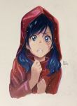  1girl 2020 absurdres amano_hina_(tenki_no_ko) blue_eyes blue_hair clenched_teeth coat colored_pencil_(medium) cropped_torso dated grey_background highres hood hood_up hooded_coat long_hair part66175290 raincoat red_coat shiny shiny_hair solo teeth tenki_no_ko traditional_media twintails upper_body 
