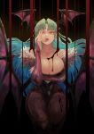  1girl aqua_hair bangs bare_shoulders black_background blood blood_on_breasts breasts bridal_gauntlets cleavage collarbone covered_nipples dark demon_girl demon_wings fangs finger_licking fingernails floating_hair fur_trim gradient gradient_hair green_hair head_wings highres licking long_fingernails long_hair morrigan_aensland multicolored multicolored_hair open_mouth pantyhose parted_bangs pink_nails renkoma shiny shiny_skin simple_background solo succubus tongue tongue_out vampire vampire_(game) wings yellow_eyes 