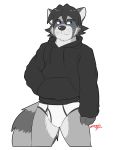  anthro black_clothing black_hoodie black_topwear briefs bulge clothing drawyourfursona hi_res hoodie hoodie/briefs_meme ligoni male mammal meme meme_clothing procyonid raccoon simple_background solo standing topwear underwear white_clothing white_underwear 