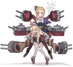  2girls azur_lane black_hairband blonde_hair blue_capelet blue_dress blue_eyes bow brown_legwear cannon capelet carrying crown dress flying_sweatdrops full_body hair_over_shoulder hairband hat hood_(azur_lane) knees_together_feet_apart long_hair looking_at_another looking_away mini_crown multiple_girls open_mouth piggyback queen_elizabeth_(azur_lane) serious short_dress smile steam striped striped_hairband thighhighs tilted_headwear white_bow white_headwear white_legwear zettai_ryouiki zukanosuke 