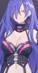  1girl absurdres blue_hair blush breasts buran_buta earrings expressionless hair_over_one_eye highres iris_heart jewelry kami_jigen_game_neptune_v large_breasts long_hair looking_at_viewer navel neptune_(series) pink_eyes power_symbol solo symbol-shaped_pupils upper_body very_long_hair 