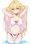  1girl ahoge armpits arms_behind_head arms_up bare_arms bare_shoulders bikini black_choker blonde_hair breasts choker cleavage cu-no groin hair_between_eyes hair_ornament hairclip hakurei_botan highleg highleg_bikini hisen_kaede large_breasts layered_bikini long_hair looking_at_viewer navel open_mouth purple_hair side-tie_bikini smile solo standing stomach strapless strapless_bikini swimsuit thighs very_long_hair wading water white_bikini 