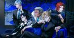  5boys ashe_ubert bangs black_eyepatch black_jacket black_pants black_shirt black_suit black_vest blonde_hair blue_eyes blue_hair blue_jacket blue_neckwear blue_suit brown_eyes cane contemporary couch crossed_legs cup danhu dedue_molinaro dimitri_alexandre_blaiddyd dress_shirt earpiece eyepatch facial_scar felix_hugo_fraldarius fire_emblem fire_emblem:_three_houses formal freckles fur_trim grin hair_between_eyes hand_up highres holding holding_cane holding_cup jacket katana leaning_forward leaning_on_person long_hair long_sleeves looking_away male_focus multiple_boys necktie one_eye_covered pants ponytail profile red_hair scabbard scar sheath sheathed shirt short_hair short_ponytail sitting smile suit swept_bangs sword sylvain_jose_gautier vest weapon white_hair white_jacket white_shirt white_suit 