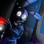  1:1 2019 4_fingers animatronic anthro black_nose bonnie_(fnaf) conduitvirus fingers five_nights_at_freddy&#039;s fur glowing glowing_eyes lagomorph leporid long_ears looking_at_another looking_at_viewer machine male mammal open_mouth peeping purple_body purple_fur rabbit red_eyes robot signature smile solo standing teeth video_games 