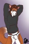  anthro black_clothing black_hoodie black_topwear briefs bulge canid canine canis clothing domestic_dog drawyourfursona goldeyboi hands_behind_head hi_res hoodie hoodie/briefs_meme husky male mammal meme meme_clothing nordic_sled_dog simple_background solo spitz standing topwear underwear white_clothing white_underwear 