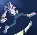  anthro bottomwear canid clothing denim denim_clothing digimon digimon_(species) jeans kick knuckledusters male mammal open_mouth pants piercing solo space star teeth_showing thegreatmatsutzu tongue_showing weregarurumon yellow_eyes 