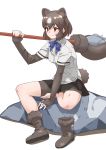  1girl absurdres animal_ears arm_support bare_legs barefoot bear_ears bear_girl bear_paw_hammer bear_tail bike_shorts black_hair boots bow bowtie brown_bear_(kemono_friends) brown_eyes closed_mouth collared_shirt elbow_gloves extra_ears eyebrows_visible_through_hair fingerless_gloves full_body gloves hair_between_eyes hand_up highres holding holding_weapon kemono_friends looking_afar medium_hair microskirt multicolored_hair outstretched_arm over_shoulder pleated_skirt shirt short_sleeves shorts shorts_under_skirt sidelocks simple_background single_boot sitting skirt smile solo tail tanabe_(fueisei) toes two-tone_hair weapon weapon_over_shoulder white_background white_hair wing_collar 