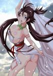  1girl ass bare_shoulders body_markings breasts brown_eyes brown_hair cleavage dress facial_mark fate/grand_order fate_(series) forehead forehead_mark himiko_(fate) large_breasts long_hair looking_at_viewer magatama magatama_necklace sash shiny shiny_skin side_slit sideboob thighs topknot twintails white_dress yukiyanagi 