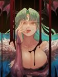  1girl aqua_hair bangs bare_shoulders black_background blood blood_on_breasts breasts bridal_gauntlets collarbone covered_nipples cropped demon_girl fangs finger_licking fingernails fur_trim gradient gradient_hair green_hair head_wings licking long_fingernails long_hair morrigan_aensland multicolored multicolored_hair open_mouth pink_nails renkoma shiny shiny_skin solo succubus tongue tongue_out vampire vampire_(game) wings yellow_eyes 
