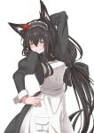  1girl absurdres alternate_costume animal_ears apron arm_behind_head arm_up bangs black_dress black_hair blush bow closed_eyes commentary_request dress enmaided eyebrows_visible_through_hair flower fox_ears fox_girl hair_between_eyes hair_bow hand_on_hip headdress highres hololive kurokami_fubuki long_hair maid micon puffy_sleeves red_flower red_rose rose sidelocks simple_background smile solo very_long_hair virtual_youtuber white_apron white_background 