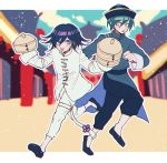  2boys :d :o chinese_clothes chromatic_aberration danganronpa food green_hair hair_between_eyes hat holding holding_food jiangshi long_sleeves mili_(band) multiple_boys new_danganronpa_v3 open_mouth ouma_kokichi purple_eyes purple_hair qing_guanmao saihara_shuuichi short_hair smile tei_(auntaso) v-shaped_eyebrows 