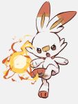  bc01 commentary_request fang fire gen_8_pokemon highres no_humans open_mouth outstretched_arms paws pokemon pokemon_(creature) scorbunny sketch solo tongue white_background 