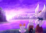  cinderace cliff cloud commentary_request from_behind gen_8_pokemon grass hands_on_hips highres outdoors pokemon pokemon_(creature) raboot scorbunny sky standing tem_(mimoteurur013) 