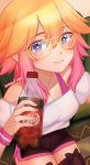 1girl blue_eyes borrowed_character bottle bow bow_legwear bra_strap brown_bow brown_legwear brown_shorts closed_mouth dated dolphin_shorts dr_pepper earrings glasses gradient_hair highres holding holding_bottle hoop_earrings jewelry katou_(katomon) looking_at_viewer multicolored_hair orange_hair original pink_hair shirt shorts signature sitting smile soda_bottle solo temachii thighhighs white_shirt yellow-framed_eyewear yellow_pupils 