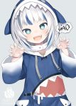  +_+ 1girl :d animal_hood artist_name blue_eyes blue_hair blue_hoodie blush capriccio claw_pose commentary_request drawstring gao gawr_gura grey_background hands_up hololive hololive_english hood hood_up hoodie long_sleeves looking_at_viewer multicolored_hair open_mouth shark_hood sharp_teeth simple_background smile solo streaked_hair teeth virtual_youtuber wide_sleeves 