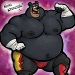  1:1 2020 anthro belly black_body black_fur black_nose bottomwear clothing english_text fur hi_res male mammal moobs nipples overweight overweight_anthro overweight_male shorts solo text trashtoonz ursid 