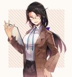  1girl black_hair black_pants blue_neckwear border brown_coat clipboard coat collared_shirt commentary_request dress_shirt earrings glasses holding holding_clipboard hyakuhachi_(over3) jewelry long_hair low_tied_hair open_clothes open_coat open_mouth original pants patterned_background purple_eyes shirt shirt_tucked_in white_border white_shirt 