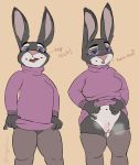  absurd_res anthro belly bottomless clitoris clothed clothing dialogue disney ears_up eyewear female flashing genitals glasses hi_res judy_hopps lagomorph leggings legwear leporid mammal navel no_underwear presenting pulling_up_shirt purple_clothing purple_eyes purple_shirt purple_topwear pussy rabbit shirt simple_background singafurian size_difference smaller_female solo steam sweater talking_to_another topwear turtleneck zootopia 