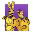  2018 animatronic anthro black_nose bow brown_eyes button_(fastener) dompteuseartist duo eyelashes fingers five_nights_at_freddy&#039;s freckles fredbear_(fnaf) fur green_eyes happy holding_object inner_ear_fluff lagomorph leporid machine male mammal microphone open_mouth rabbit robot slightly_chubby smile spring_bonnie_(fnaf) tuft ursid video_games yellow_body yellow_fur 