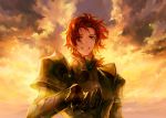  1boy armor bangs breastplate brown_eyes cloud danhu eyebrows_visible_through_hair eyes_visible_through_hair fire_emblem fire_emblem:_three_houses fur_trim gauntlets grin looking_at_viewer male_focus outdoors outstretched_hand pauldrons red_hair short_hair shoulder_armor signature sky smile solo sylvain_jose_gautier twilight upper_body 
