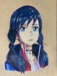  1girl absurdres amano_hina_(tenki_no_ko) blue_hair blue_jacket braid brown_background collarbone colored_pencil_(medium) cropped_torso hair_over_shoulder highres jacket jewelry long_hair open_clothes open_jacket open_mouth part66175290 pendant rain shiny shiny_hair solo tenki_no_ko traditional_media twin_braids twintails wet wet_hair 