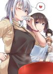  4girls absurdres akizuki_(kantai_collection) apron black_apron black_hair blue_eyes blush brown_hair eyebrows_visible_through_hair food hair_between_eyes hatsuzuki_(kantai_collection) heart highres holding holding_food kantai_collection kiritto long_hair long_sleeves multiple_girls one_eye_closed open_mouth ponytail pot purple_eyes ribbed_sweater short_hair silver_hair simple_background smile spoken_heart suzutsuki_(kantai_collection) sweater teruzuki_(kantai_collection) white_background yellow_eyes 