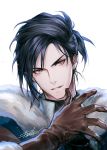  1boy bangs black_hair black_shirt brown_eyes brown_gloves danhu felix_hugo_fraldarius fire_emblem fire_emblem:_three_houses fur_trim gloves hand_up looking_at_viewer male_focus open_hand shirt short_hair short_ponytail signature simple_background smile solo turtleneck upper_body white_background 