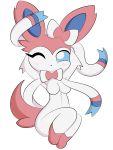  3:4 alpha_channel anthro anthrofied blush breasts dreameclipsewolf eeveelution female fur hi_res nintendo one_eye_closed pink_body pink_fur pok&eacute;mon pok&eacute;mon_(species) pok&eacute;morph smile solo sylveon video_games white_body white_fur wink 