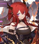  1girl absurdres arknights armband bare_shoulders belt black_belt black_dress breasts chinese_commentary cleavage commentary_request dress highres horns long_hair looking_at_viewer partial_commentary purple_eyes red_hair small_breasts solo surtr_(arknights) upper_body v-shaped_eyebrows xssh 