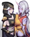  2girls ashe_(league_of_legends) bandaged_arm bandages blue_eyes blush breast_press breasts cleavage closed_mouth erection erection_under_clothes futa_with_female futanari highres horns kumiko_shiba large_breasts league_of_legends long_hair multiple_girls penis pointy_ears purple_skin silver_hair simple_background single_horn soraka symmetrical_docking white_background yellow_eyes 