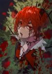  1boy bangs black_lipstick bush choker crossed_bangs crown empty_eyes eyeshadow flower hair_between_eyes heart heart_print highres ink ink_on_face ink_stain lipstick looking_at_viewer makeup messy_hair mini_crown open_mouth otochi_(otc_so) overblot parted_lips red_eyes red_eyeshadow red_hair riddle_rosehearts rose runny_makeup shirt short_hair solo symbol_commentary torn_clothes twisted_wonderland 