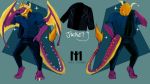  4_toes anthro barefoot bottomwear business_casual clothed clothing dragon felid fully_clothed hair horn jacket leather_pants lion male mammal membrane_(anatomy) membranous_wings mtsdraws pantherine pants shirt solo sparkles toes topwear wings 