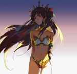  1girl armlet arms_behind_back ass_visible_through_thighs bangs bare_shoulders black_hair breasts cleavage comacoul cowboy_shot crown earrings facing_viewer fate/grand_order fate_(series) gradient gradient_background hair_blowing hair_ribbon headpiece highres hoop_earrings ishtar_(fate)_(all) ishtar_(fate/grand_order) jewelry long_hair looking_to_the_side medium_breasts navel parted_bangs parted_lips red_eyes red_ribbon ribbon simple_background solo standing stomach thigh_gap two_side_up 