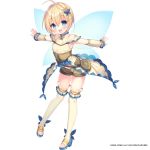  1girl :d ahoge bangs bare_shoulders blonde_hair blue_eyes blue_footwear blue_wings blush brown_shorts butterfly_hair_ornament commentary_request copyright_request detached_sleeves dress eyebrows_visible_through_hair fairy_wings hair_between_eyes hair_ornament high_heels long_sleeves looking_at_viewer navel official_art open_mouth outstretched_arms sandals short_shorts shorts smile solo spread_arms thighhighs toeless_legwear transparent_background usashiro_mani watermark white_dress white_legwear white_sleeves wings 