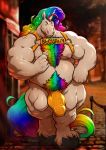  2020 absurd_res anthro belly big_bulge big_muscles body_hair bouncer bulge card chest_hair clothed clothing english_text equid equine erection erection_under_clothing genital_outline glimmerstomp grisser hair harness hi_res hooves horn long_hair male mammal multicolored_hair multicolored_tail musclegut muscular muscular_anthro muscular_male nipples pecs penis_outline pubes quads rainbow_hair rainbow_tail security solo standing text text_on_clothing text_on_topwear thong topwear underwear unicorn 