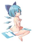  1girl :o blue_bow blue_eyes blue_hair bow bra breasts cirno eyebrows_visible_through_hair fairy_wings feet full_body hair_bow highres ice ice_wings jagabutter looking_at_viewer panties simple_background sitting small_breasts solo touhou underwear undressing wariza white_background white_panties wings 