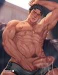  1boy akitaru_oubi arkapami bara bulge censored chest covered_abs cropped_legs cum en&#039;en_no_shouboutai erection facial_hair grey_boxers highres male_focus male_masturbation male_pubic_hair masturbation mosaic_censoring muscle nipple_slip nipples pubic_hair short_hair sideburns solo stubble sweat thick_thighs thighs underwear underwear_only 