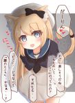  1girl animal_ears arms_behind_back black_neckwear black_sailor_collar blonde_hair blue_eyes blue_sailor_collar cat_ears cat_tail commentary_request cowboy_shot dress hat highres jervis_(kantai_collection) kantai_collection kemono_friends leaning_forward long_hair looking_at_viewer neckerchief ridy_(ri_sui) sailor_collar sailor_dress sailor_hat shaded_face short_sleeves solo tail translation_request white_dress white_headwear 