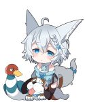  1girl :&lt; ahoge animal_ears bare_shoulders bird black_legwear blue_bow blue_eyes blush bow braid brown_footwear chibi closed_mouth dog dog_(duck_hunt) duck duck_(duck_hunt) duck_hunt fox_ears fox_tail grey_hair hair_ornament highres inukaze_yamu original sad shishimanako_hareko shoes short_hair side_braid simple_background solo star_(symbol) star_hair_ornament tail thighhighs white_background 