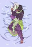  1boy 1girl abs angel_wings barefoot black_hair broly_(dragon_ball_super) cheelai dragon_ball dragon_ball_super dragon_ball_super_broly feathers green_skin hug pants pelt purple_pants scar shirt short_hair smile spiked_hair sudou_(sudoyoji) tight_shirt toeless_legwear toes white_hair wings 